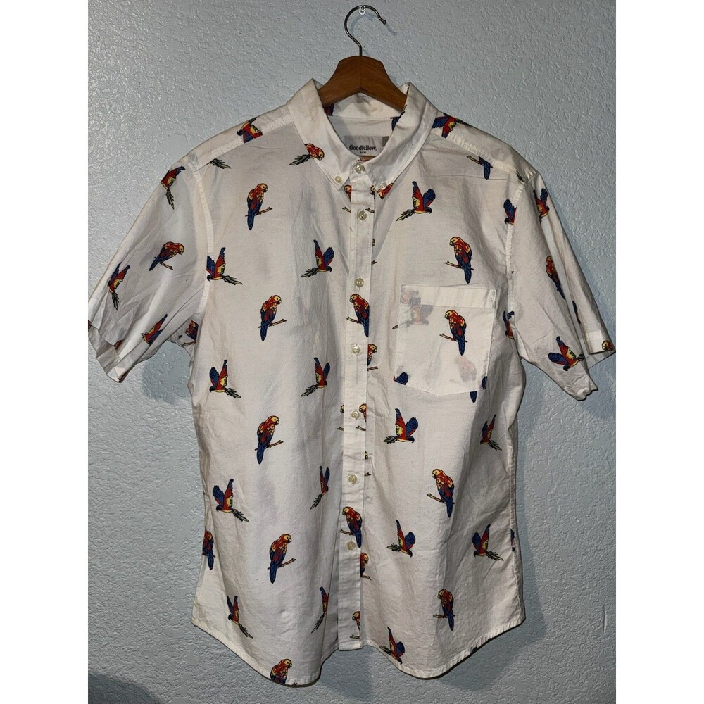 Goodfellow & Co Parrot Shirt Mens L White Tropical Bird Print Button Up Stretch